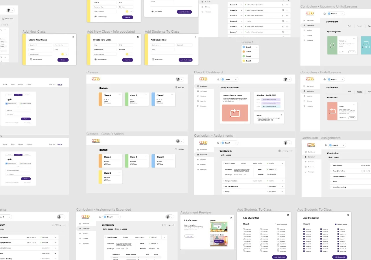 High-fidelity teacher portal screens for CodeAlgo Academy
